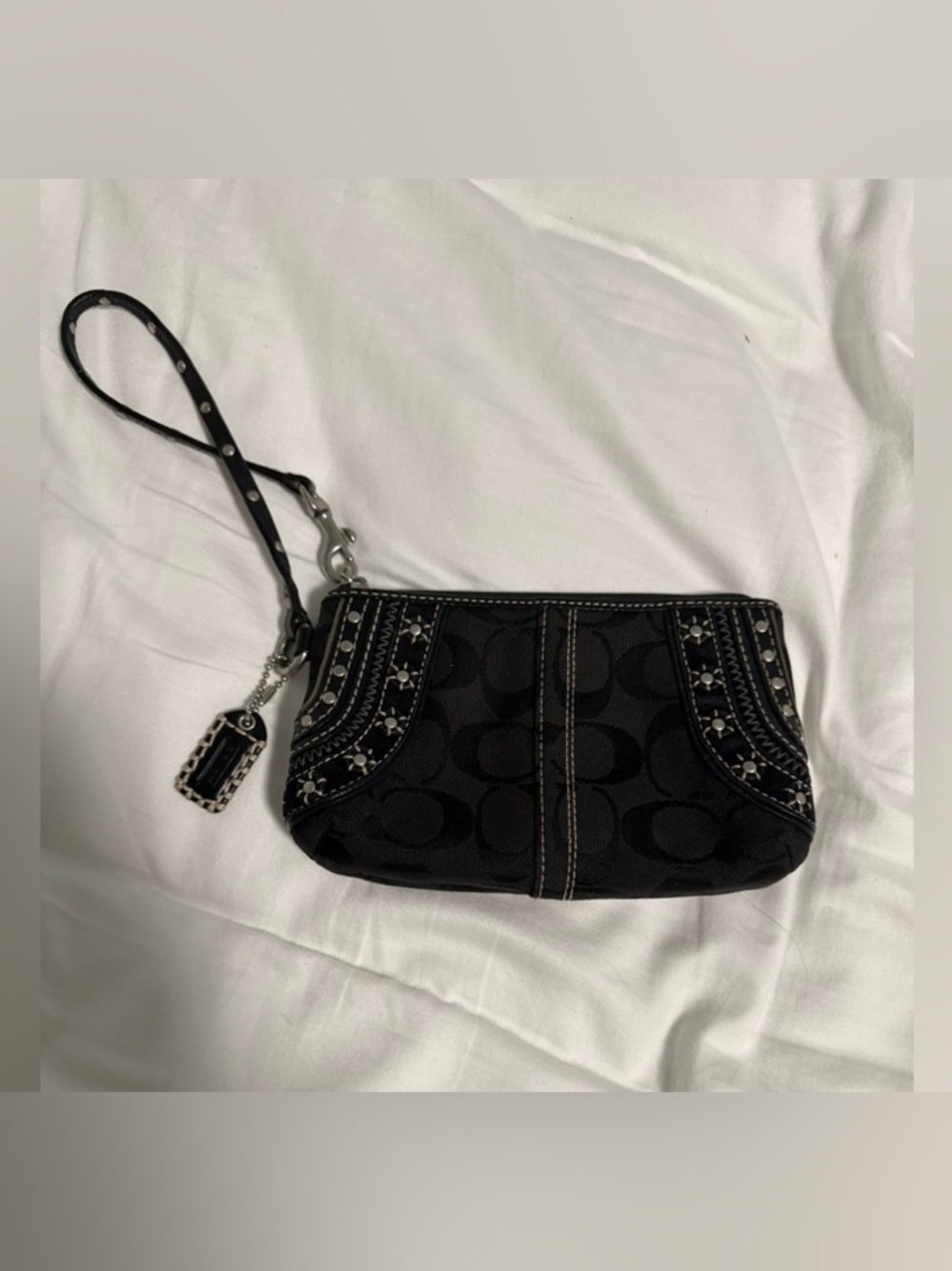Coach Rare NWOT Studded and Embroidered Black and Cream Patterned Wristlet!